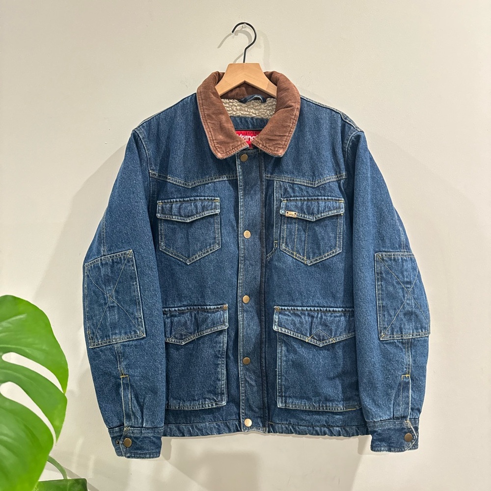 VINTAGE WRANGLER SHERPA LINEN DENIM JACKET WITH CORDUROY COLLAR  MENS SIZE L